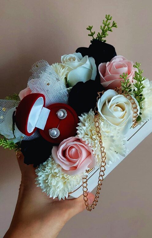 Soap Flower Gift Bag with Silver Pearl Earrings or Jewelry Box